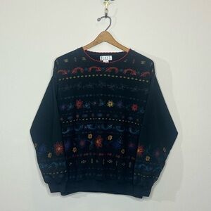 Oversized Chaser Black Sweater with Multicolor Floral Accents